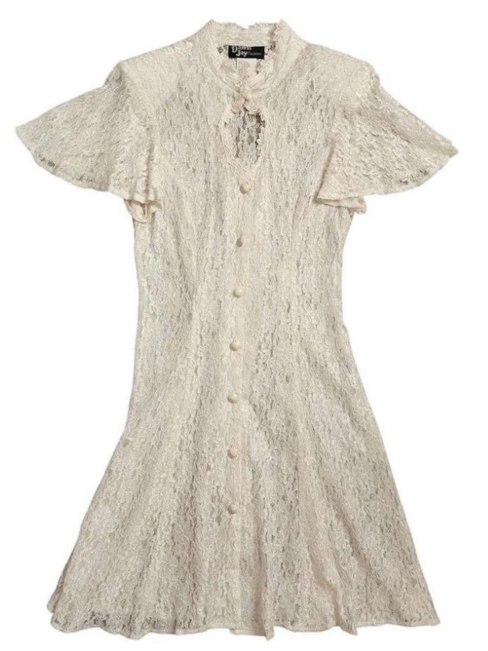 Vintage Lace Button down White Mini Dress with Keyhole Collar